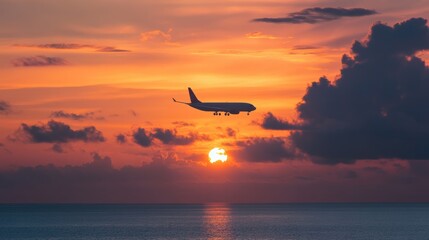 A stunning airplane glides through a colorful sunset, casting shadows over the calm ocean waters, embodying the essence of travel.