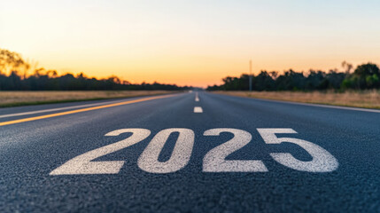 A wide-open road with the message 2025 painted on the asphalt, symbolizing hope and new beginnings at sunset.
