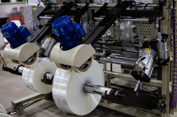 Process of extruder polyethylene plastic bag. Industry plastic manufacturing	
