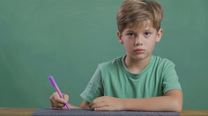 A young boy in a mint green shirt is focused on drawing a picture on a slate board with a pink marker pen.