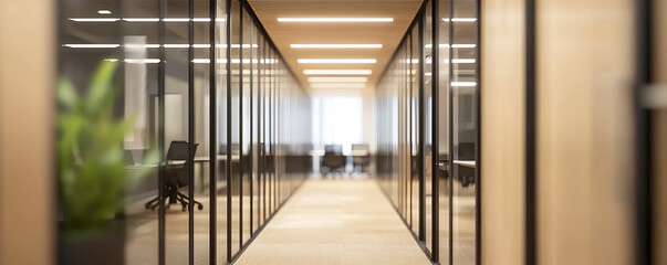 Obraz premium Simple Interior design of a modern office corridor in front of the meeting room with blurred background