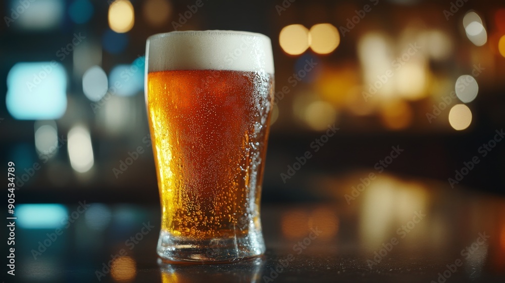 Poster close-up of a frosty pint of beer with golden hues, set on a polished bar counter.