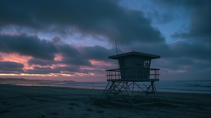 Coronado beach lifeguard tower at dusk