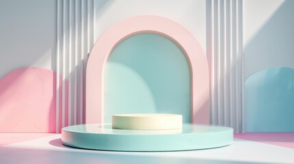 3d render abstract display podium platform for product presentation and advertising. Minimal scene backdrop with clean design. Vacant pedestal for mock up. Empty stage with pastel color for cosmetic