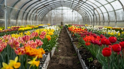 A greenhouse filled with colorful tulips and various flowers, showcasing bright blooms during early spring.