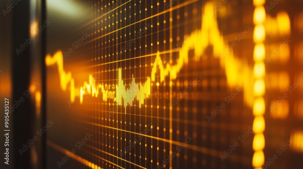 Fototapete Close-up of a gold price chart on a digital screen with sharp upward trends and indicators.