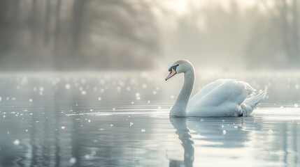 Fototapeta premium Graceful white swan is gliding through the tranquil waters of a misty lake, illuminated by the soft golden light of the rising sun