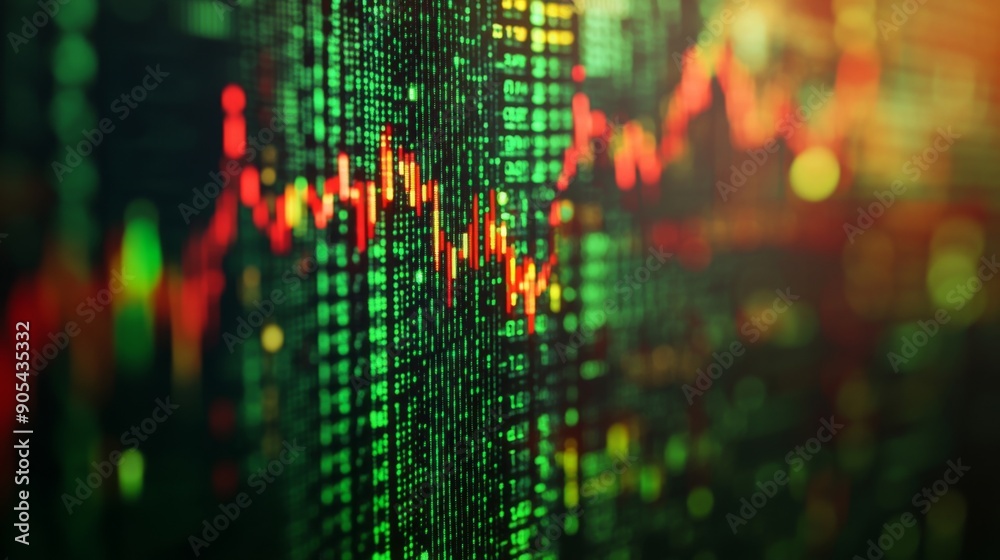 Poster close-up of a gold stock market graph with green and red candlesticks on a screen.