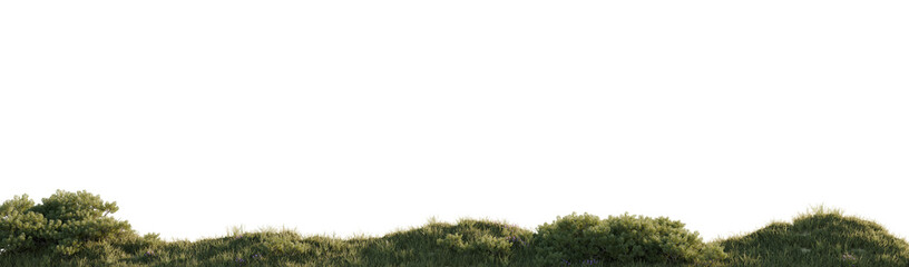 Tranquil Countryside Meadow with Lush Greenery and Wildflowers at Golden Hour. 3D render.	
