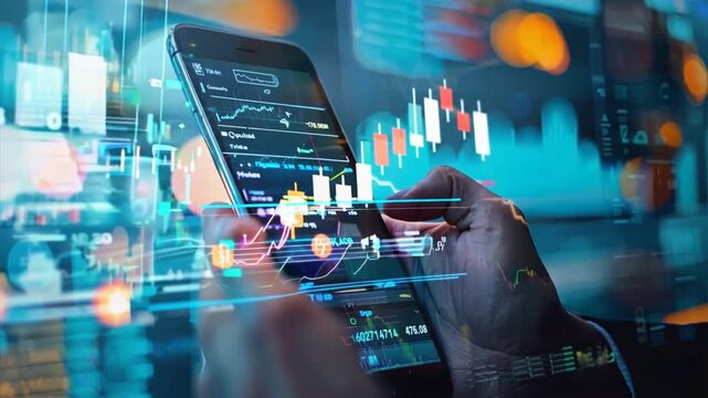 A person is using a smart phone to look at a screen with a lot of numbers and graphs, business concept.