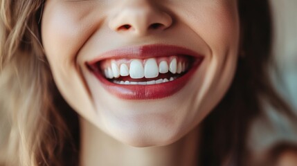 Obraz premium Close-up of a happy woman face, focusing on her beautiful teeth and cheerful expression