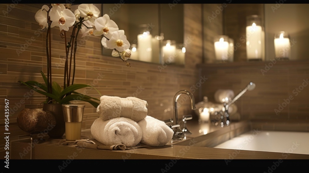 Poster a serene bathroom is adorned with neatly stacked towels, glowing candles, and elegant orchids, creat