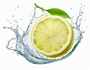 lemon slice in water splash, isolated white background