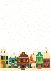 Fototapeta premium Cute cartoon little town in Christmas time. Vector illustration