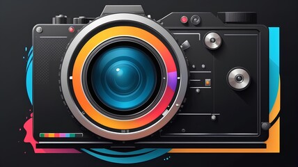 Close up of a vintage camera with colorful lens and details. Perfect for photography, art, and technology concepts.