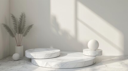 3d rendering geometric forms. Blank podium display in white marble color. Minimalist pedestal or showcase scene for present product and mock up