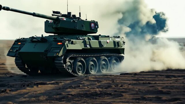 A generic military armored vehicle crosses minefields and smoke in the desert on a wide poster design that includes copy space.