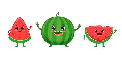 set of cute watermelon character isolated on white background. Cartoon fruit, slice of watermelon. Vector illustration