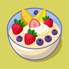 Yogurt in a clear bowl with colorful fruits like strawberries, blueberries and bananas vector illustration