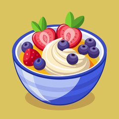 Yogurt in a clear bowl with colorful fruits like strawberries, blueberries and bananas vector illustration