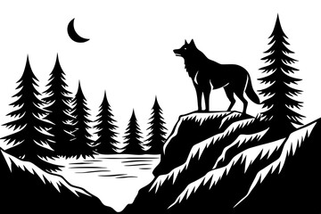 A wolf standing on a rocky outcrop overlooking a forested valley with a flowing river