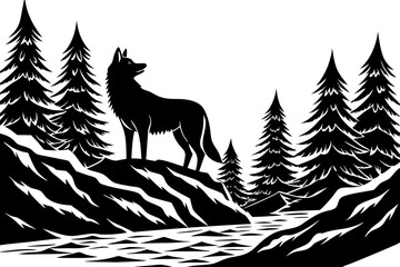 A wolf standing on a rocky outcrop overlooking a forested valley with a flowing river