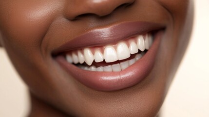 Naklejka premium Close-up of a woman's perfect teeth as she smiles brightly in a studio shot.
