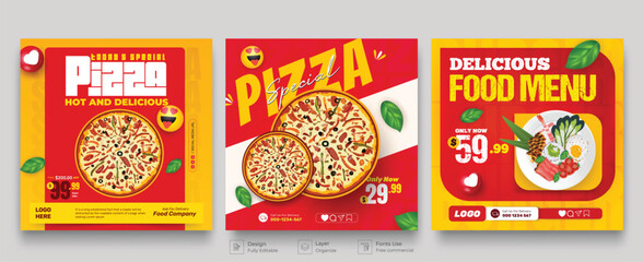 Fast food restaurant business marketing social media post or web banner template design with logo and icon. Fresh pizza, & vegetable vector online sale promotion banner