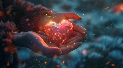 Crystal hands holding a luminous heart that pulses with ethereal energy