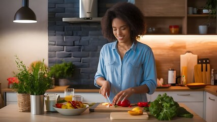 Beautiful woman cooking in a modern home kitchen, surrounded by fresh ingredients, with a contemporary kitchen design and vibrant colors