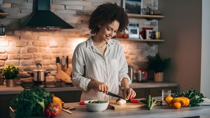 Attractive woman preparing a meal in a modern home kitchen with an emphasis on fresh ingredients and modern appliances