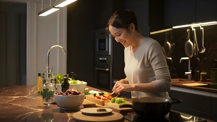 Warm and inviting photo of a woman cooking a delicious meal in a cozy kitchen setting, emphasizing culinary delight