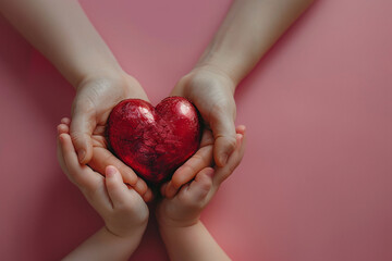 Healthcare. Woman holding a red heart on pink background. Photo from above. Only hands are visible.