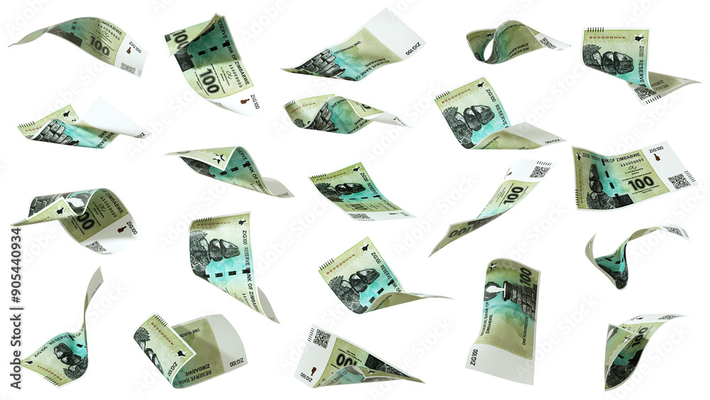 Poster 3d rendering of set of 100 zimbabwe gold zig notes flying in different angles and orientations isola