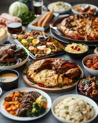 A vibrant spread of delicious dishes showcasing diverse cuisines and flavors, perfect for a festive gathering or celebration.