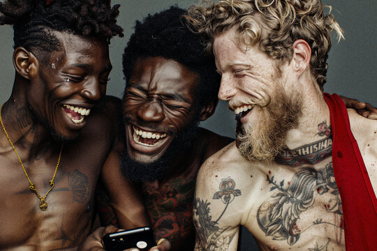 Intimate Close-up of 3 Interracial Men Smiling and laughing Together over Phone Content 
