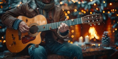 Man Playing Acoustic Guitar by a Cozy Fireplace
