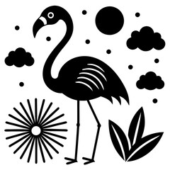 flamingo con pasto alrededor una flor  vector silhouette 