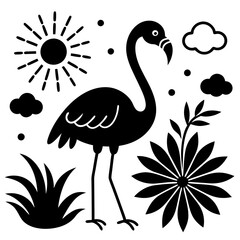 flamingo con pasto alrededor una flor  vector silhouette 