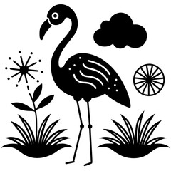 flamingo con pasto alrededor una flor  vector silhouette 
