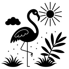 flamingo con pasto alrededor una flor  vector silhouette 