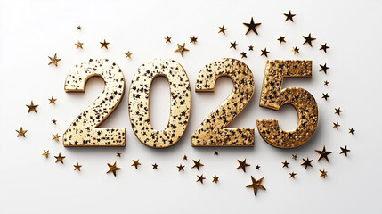 number "2025" new year with 3D number and stars design concept, isolated on white background. Golden numbers 2025. Design element for new year greeting card, christmas card, invitiation card. Promotio