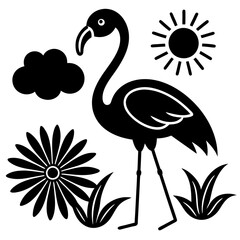 flamingo con pasto alrededor una flor  vector silhouette 