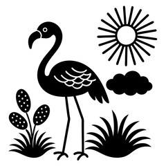 flamingo con pasto alrededor una flor  vector silhouette 