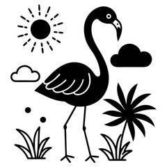 flamingo con pasto alrededor una flor  vector silhouette 