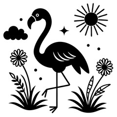 flamingo con pasto alrededor una flor  vector silhouette 