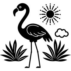 flamingo con pasto alrededor una flor  vector silhouette 
