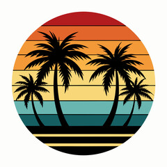 Retro vintage sunset of palm trees striped circle vector illustration on white background