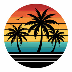 Retro vintage sunset of palm trees striped circle vector illustration on white background