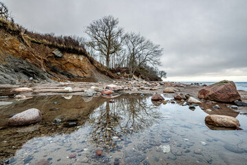 Bäume spiegeln sich an der malerischen Steilküstebei Katharinenhof auf der Ostseeinsel Fehmarn nach dem Sturm, im Herbst 2023